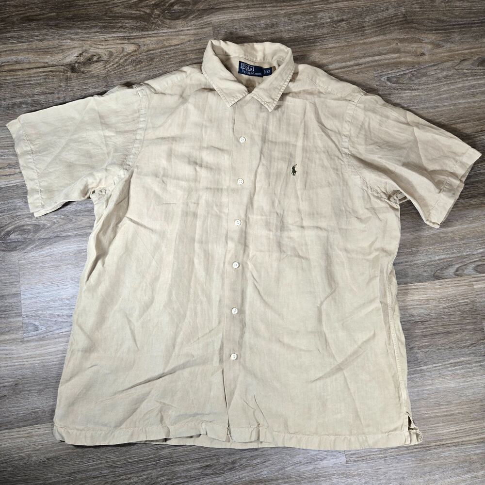 Polo Ralph Lauren Shirt Mens XL Tan Linen Silk Short Sleeve Loop Collar Resort